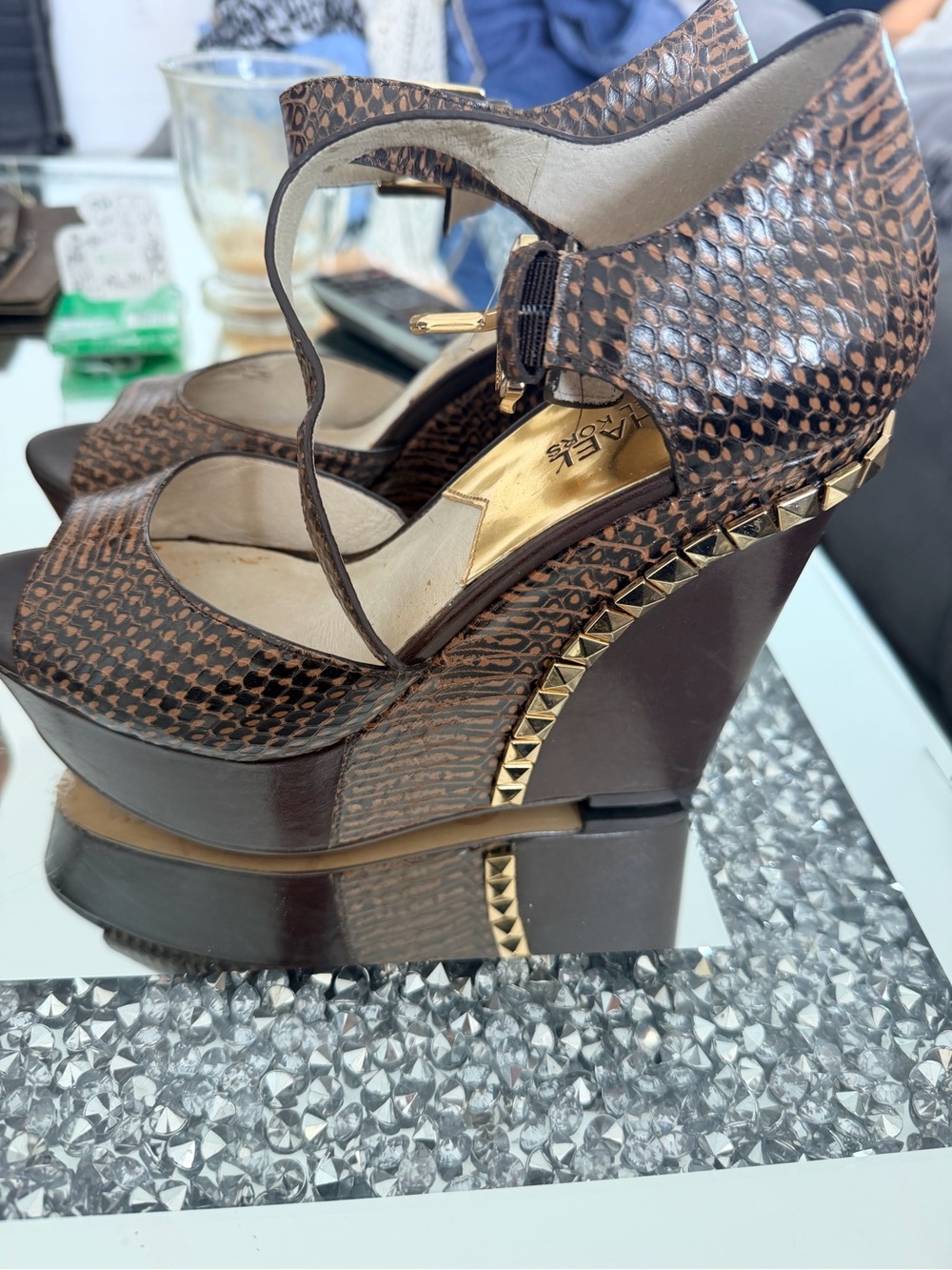 Michael Kors Brown Snake-Print Studded Wedge Sandals - Picture 2 of 4